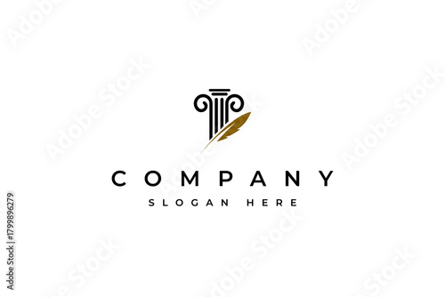 Greek pillar logo with feather icon for legal business, law firm, lawyer and court and more