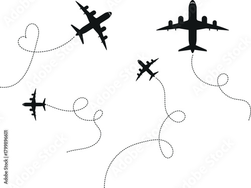 Silhouette of airplanes flying with sketched flight paths and trails on a white background