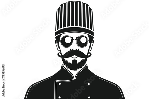 Stylish black and white chef with round glasses and a distinguished mustache looks forward