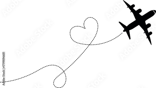 Silhouette of a jet airplane flying and leaving a dotted heart shaped contrail against a white background