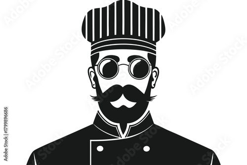 Monochrome chef with a mustache wears round glasses and his professional toque