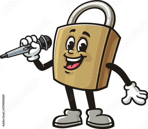 Cartoon mascot of a padlock holding a microphone and singing