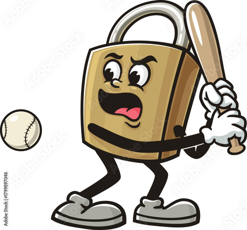 Cartoon mascot padlock playing baseball