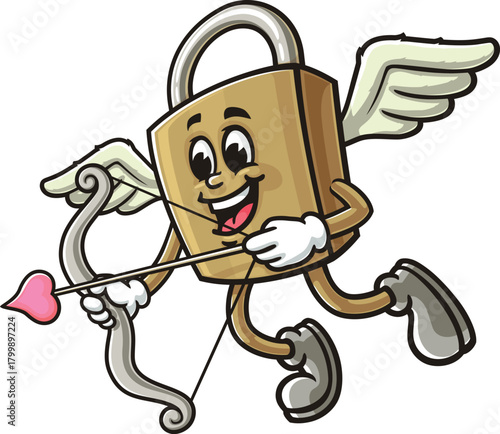 Cartoon padlock mascot is being cupid