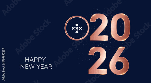 Happy new year 2026 greeting with rose gold numbers and confetti on a dark blue background, elegant and festive celebration concept