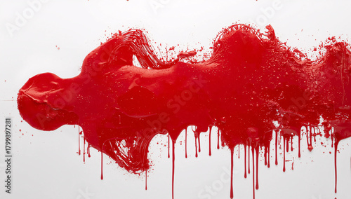 Vibrant red paint splatters dramatically across a clean white canvas background