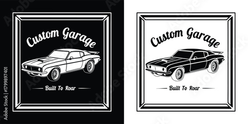 Custom garage logo with a classic muscle car and the slogan roar to roar in a framed square