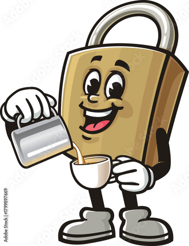 Cartoon padlock mascot being a barista