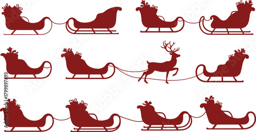 Santa sleigh silhouette pattern, festive reindeer vector, Christmas holiday illustration, red graphic design for seasonal decor, greeting cards, and merchandise