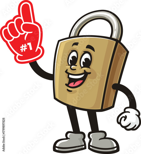 Cartoon padlock mascot holding a giant foam finger