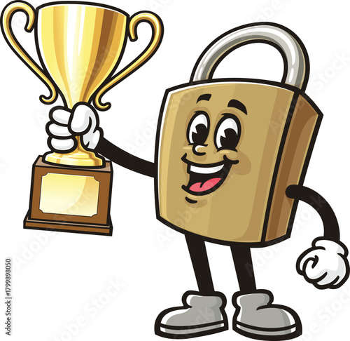 Cartoon mascot of a padlock holding a trophy