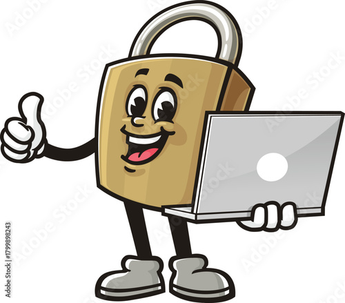 Cartoon padlock mascot holding a laptop