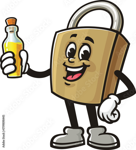 Cartoon mascot of a padlock holding lubricating oil
