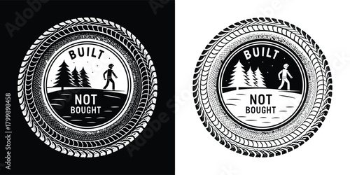 Circular emblem with built not bought text, trees, and a person walking, resembling a tire tread pattern
