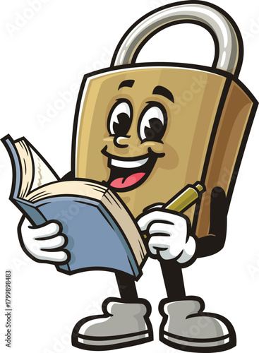 Cartoon mascot of a padlock holding a book