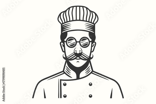 Monochromatic shows a chef with glasses and a striking mustache looking forward