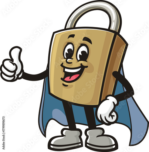 Cartoon mascot of a padlock in superhero style