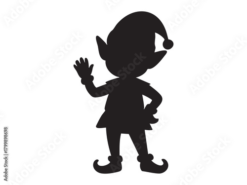 Black silhouette of christmas elf with pointy hat and shoes, waving hand. concept of holiday, festive character, santa's helper, decoration, icon, design element.