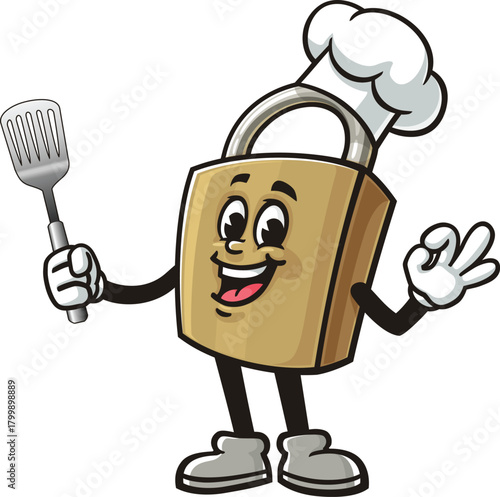 Cartoon mascot of a padlock holding a spatula and wearing a chef's hat