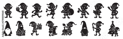Black silhouette of cheerful christmas elves and gnomes with gifts, tree, and train, isolated on white background. concept of holiday, fantasy, celebration, festive decor, illustration.