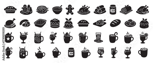 Black silhouettes of holiday food and beverages, including pie, turkey, gingerbread, jam, mulled wine, isolated on white background. concept of festive, christmas, new year, celebration, icon