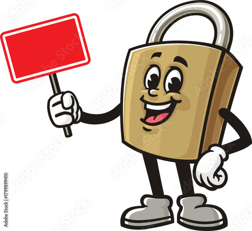 Cartoon padlock mascot holding a blank sign