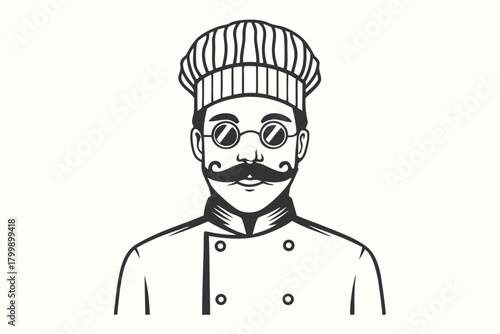 portrait depicts a serious chef with a large mustache and round glasses
