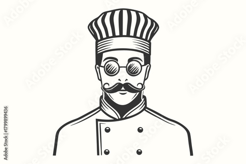 The monochrome chef with stylish glasses and mustache is wearing a toque blanche