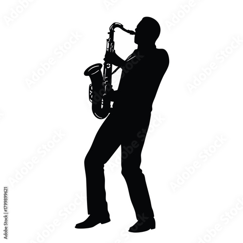Silhouette of musician playing saxophone in a lively posture  