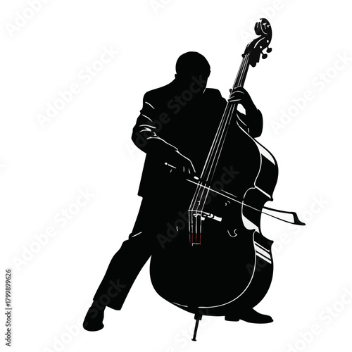 Silhouette of a musician playing double bass in black and white  