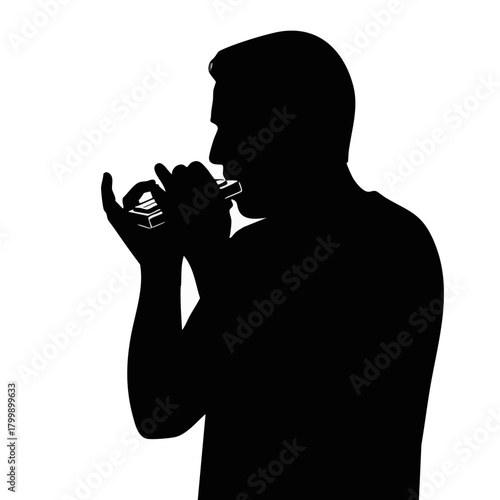 Man playing harmonica in silhouette against a white background  