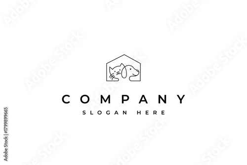 pet care home logo. cat and dog icon with line art design style