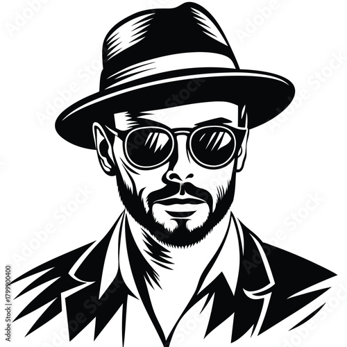 Monochrome stylish man with hat and sunglasses presents a bold, confident, eyecatching visage