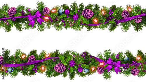 Two decorative christmas borders with pine cones ribbons and festive ornaments design