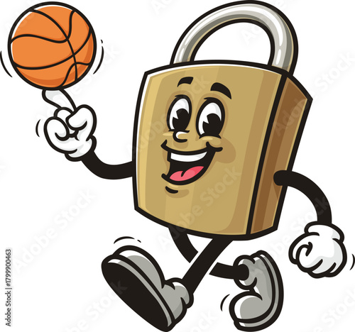 Cartoon mascot padlock playing basketball