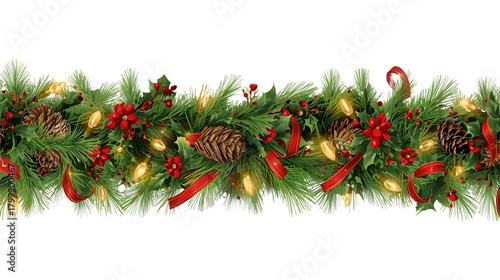 Christmas garland with pine cones, red ribbons, holly leaves, poinsettias and lights