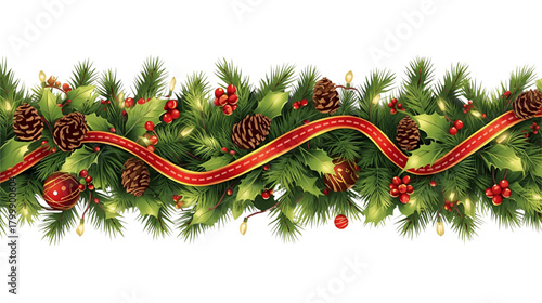 Festive christmas garland with pine cones, holly, berries, ribbon and string lights