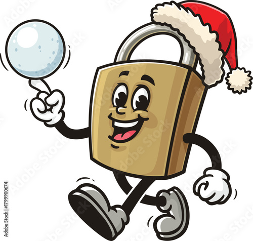 Cartoon mascot of a padlock playing snowballs and wearing a Christmas hat