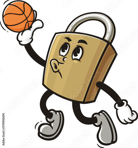 Cartoon mascot padlock playing slam dunk basketball
