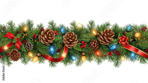 Christmas garland with pine cones, red ribbons, berries, and string lights decoration