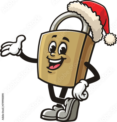 Cartoon mascot of a padlock wearing a Christmas hat