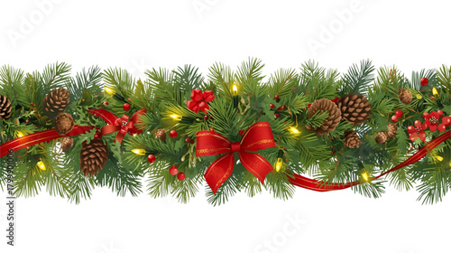 Festive christmas garland with pine cones, red ribbons, and small lights decoration