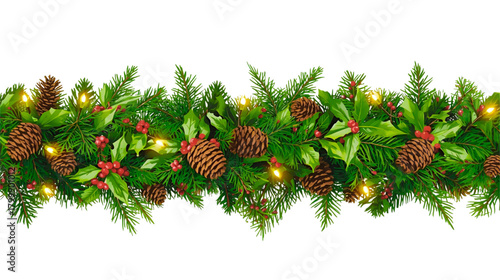 A festive christmas garland with pine cones, holly, berries and warm glowing fairy lights