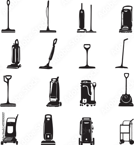 Vacuum cleaner icon grid with 16 silhouette styles including upright, canister, stick, and industrial types