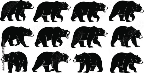 Bear silhouettes, walking pose, animal vector icons, black clipart, wildlife illustration, nature symbol, forest creature, stock design, mammal graphic elements