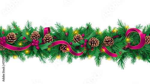 Festive christmas garland with pine cones, berries, ribbons, and string lights decor