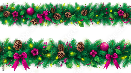 Two christmas garlands with pine cones, ribbons, ornaments, and green pine branches