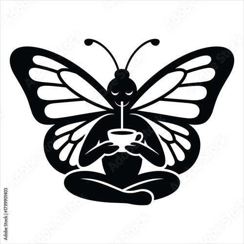 Butterfly person sipping hot drink with straw, relaxed moment isolated on white background, Vector