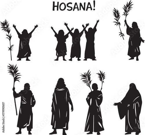 Palm Sunday silhouette with people holding branches and “Hosana!” text for Christian worship and celebration