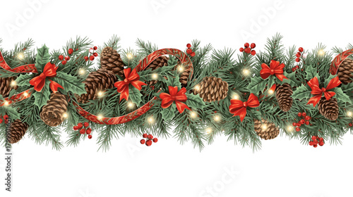A christmas garland with pine needles, cones, red bows, and berries with fairy lights